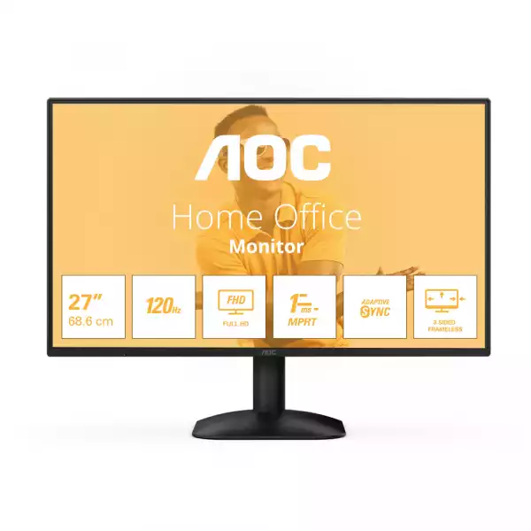 Монитор AOC 27B31H, 27" IPS panel, AG, 3H, 16:9, FHD 1920x1080, 1ms, 120Hz, 300cd/m2, 1500:1, 20M:1, Flicker Free, Anti Blue Light, Adaptive Sync, VGA, HDMI, Tilt, VESA 100, Black
