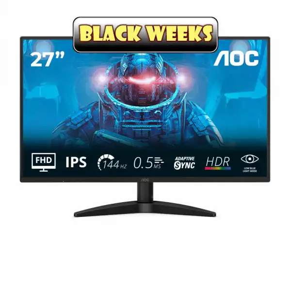 Монитор AOC 27B36X, 27" IPS WLED panel, Anti-Glare, 16:9, FHD 1920x1080, 144Hz, 0.5ms, 300cd/m2, 1500:1, HDR 10, Flicker Free, Low Blue Light, Adaptive Sync, HDMI, DisplayPort, Audio out, Tilt, VESA 100, Black