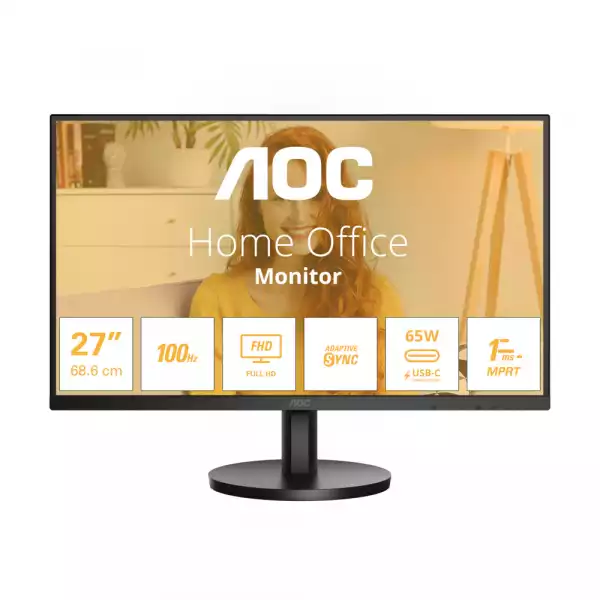 Монитор AOC 27B3CA2, 27" IPS WLED panel, Anti-Glare, FHD 1920x1080, 1ms, 100Hz, 250cd/m2, 1300:1, 20M:1, HDR, Low Blue Light, Ultra Narrow, sRGB, BT 709, HDMI, USB-C, 2x USB, Mic In, PD 65W, Speakers, Tilt, VESA 100, Black