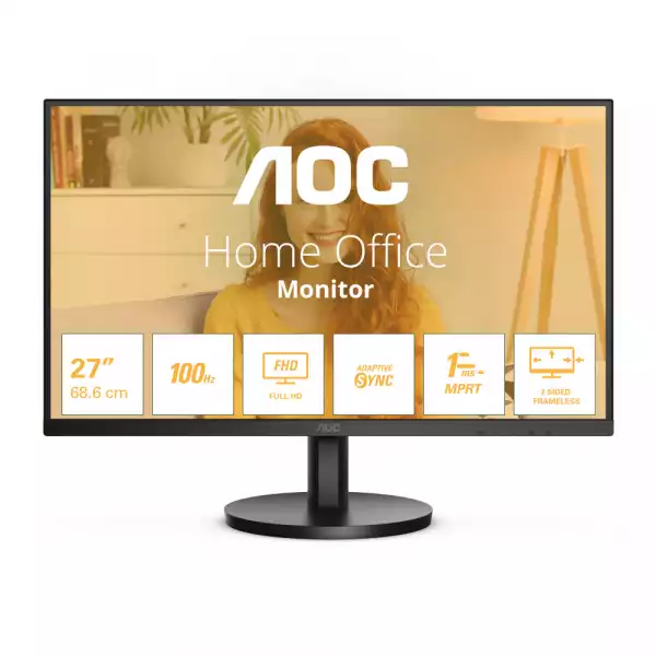Монитор AOC 27B3HMA2, 27" VA WLED panel, Anti-Glare, 16:9, FHD 1920x1080, 1ms, 100Hz, 250cd/m2, 4000:1, 20M:1, HDR, Flicker Free, Low Blue Light, sRGB, BT 709, VGA, HDMI, Audio Out, Speakers, Tilt, VESA 100, Black