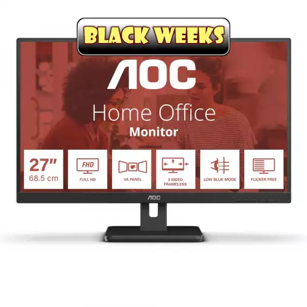 Монитор AOC 27E3UM, 27 inch VA Panel, 1920x1080, 16:9, 4ms, 300 cd/m2, 3000:1, 20M:1, Anti Glare, 3H, 3-sided frameless, Flicker-free, Low blue light, Adaptive Sync, VGA, 2x HDMI, 2x DisplayPort, 2x USB 3.2, 2x USB Out, Speakers, Tilt, VESA 100, Black