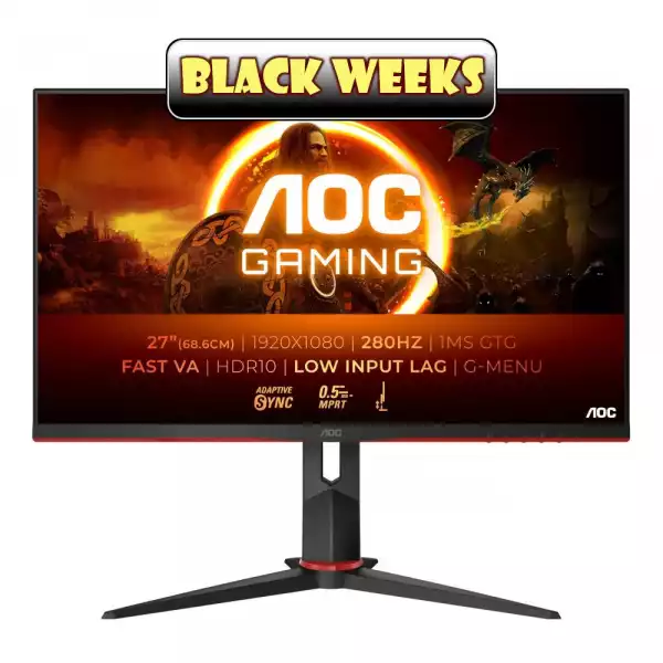 Монитор AOC 27G2ZN3/BK, 27", Gaming monitor, VA WLED, 16:9, FHD 1920x1080, 0.5ms, 280Hz, 300cd/m2, 4000:1, Adaptive Sync, Flicker Free, Low Blue Light, 2x HDMI, DisplayPort, Audio Out, HAS, Swivel, Tilt, Pivot, VESA 100, Black Монитор AOC 27G2ZN3/BK, 27", Gaming monitor, VA WLED, 16:9, FHD 1920x1080, 0.5ms, 280Hz, 300cd/m2, 4000:1, Adaptive Sync, Flicker Free, Low Blue Light, 2x HDMI, DisplayPort, Audio Out, HAS, Swivel, Tilt, Pivot, VESA 100, Black