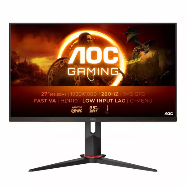 Монитор AOC 27G2ZN3/BK, 27", Gaming monitor, VA WLED, 16:9, FHD 1920x1080, 0.5ms, 280Hz, 300cd/m2, 4000:1, Adaptive Sync, Flicker Free, Low Blue Light, 2x HDMI, DisplayPort, Audio Out, HAS, Swivel, Tilt, Pivot, VESA 100, Black