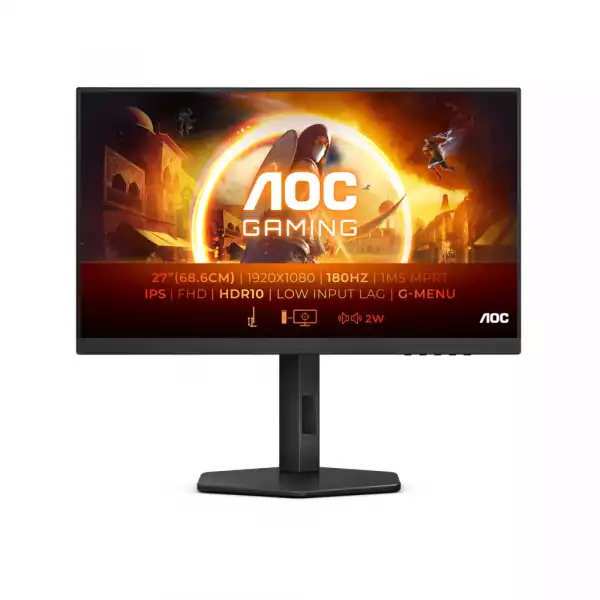 Монитор AOC 27G4X, 27", Gaming monitor, IPS WLED, Anti-Glare, 16:9, FHD 1920x1080, 0.5ms, 180Hz, 300cd/m2, 1000:1, HDR 10, G-SYNC Compatible, Flicker Free, Low Blue Light, 2x HDMI, DisplayPort, Audio Out, Tilt, HAS, Swivel, Pivot, Speakers, VESA 100, Black