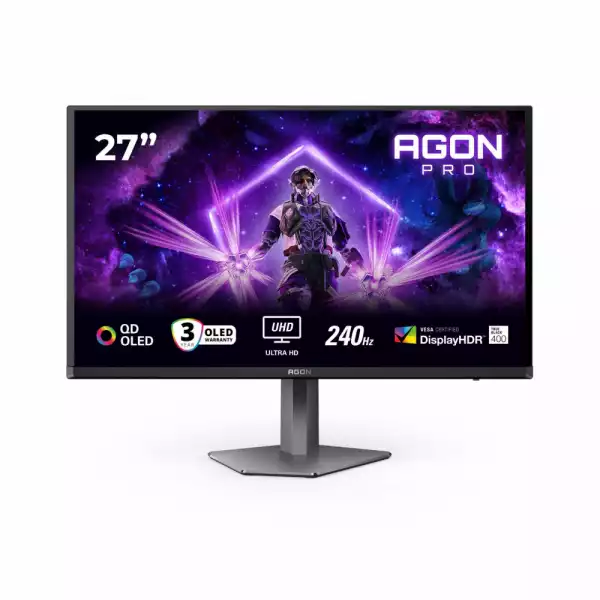 Монитор AOC AG276UZD, 26.5" AGON Pro Gaming monitor, QD OLED panel, 16:9, AG, UHD 3840x2160, 450cd/m2, 1.5M:1, 240Hz, 0.03ms, Adaptive Sync, Anti Blue Light, Flicker Free, KVM, PiP+PbP, 2x HDMI, DP, USB-C, 2x USB, Speakers, Audio out, HAS, Swivel, Tilt, Pivot, VESA 100, Black