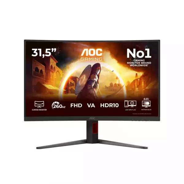 Монитор AOC C32G4Z, 31.5 inch, Gaming monitor, Curved VA panel, AG, FHD 1920x1080, 300cd/m2, 3500:1, 260Hz, 0.3ms, Adaptive Sync, HDR 10, Flicker Free, HDMI, DP, Audio out, Speakers, HAS, Swivel, Tilt, VESA 100, Black