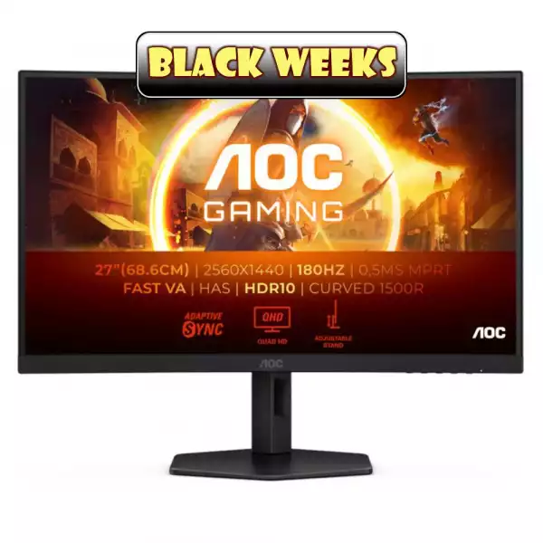 Монитор AOC CQ27G4X, 27", Curved gaming monitor, VA WLED, 1500R, 16:9, QHD 2560 x 1440, 0.5ms, 180Hz, 300cd/m2, 4000:1, HDR10, Adaptive Sync, Flicker Free, Low Blue Light, G-Menu, 2x HDMI, DisplayPort, Audio Out, HAS, Swivel, Tilt, VESA 100, Black Монитор AOC CQ27G4X, 27", Curved gaming monitor, VA WLED, 1500R, 16:9, QHD 2560 x 1440, 0.5ms, 180Hz, 300cd/m2, 4000:1, HDR10, Adaptive Sync, Flicker Free, Low Blue Light, G-Menu, 2x HDMI, DisplayPort, Audio Out, HAS, Swivel, Tilt, VESA 100, Black
