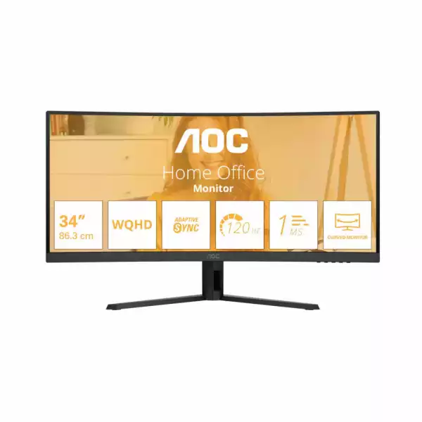Монитор AOC CU34B3E, 34 inch VA panel, Curved 1500R, WQHD 3440x1440, 21:9, 120Hz, 1ms, 300 cd/m2, 3500:1, HDR 10, PiP+PbP, Adaptive Sync, HDMI, DP, Audio out, Tilt, VESA 100, Black