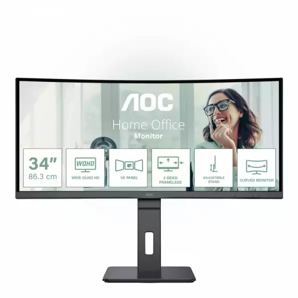 Монитор AOC CU34P3CV, 34" VA Panel WLED, Curved 1500R, 3440x1440, 21:9, 100Hz, 300 cd/m2, 3000:1, 50M:1, AntiGlare, 3H, 3-sided frameless, HDMI, DisplayPort, USB-C, 4x USB, LAN, Speakers, Flicker-free, Low blue light, PIP, PBP, Tilt, Swivel, HAS, Pivot, VESA 100, Black