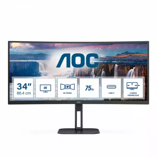 Монитор AOC CU34V5C/BK 34 inch VA Panel WLED, Curved 1500R, 3440x1440, 21:9, 100Hz, 4ms, 300 cd/m2, 3000:1, 20M:1, Anti Glare, 3H, 3-sided frameless, HDMI, DisplayPort, USB-C, 4x USB 3.2, Speakers, Flicker-free, Low blue light, Multiview: PIP, PBP, Tilt, Swivel, HAS, VESA 100, Black