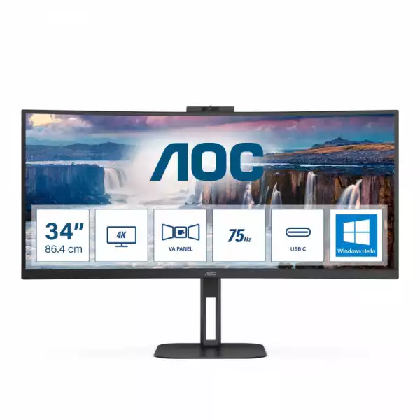 Монитор AOC CU34V5CW/BK 34 inch VA Panel WLED, Curved 1500R, 3440x1440, 21:9, 100Hz, 1 ms, 300 cd/m2, 3000:1, 20M:1, Anti Glare, 3H, 3-sided frameless, HDMI, DisplayPort, USB-C, 4x USB 3.2, Speakers, Flicker-free, Low blue light, MultiView, PIP, PBP, Tilt, Swivel, HAS, VESA 100, Web Cam, Black Монитор AOC CU34V5CW/BK 34 inch VA Panel WLED, Curved 1500R, 3440x1440, 21:9, 100Hz, 1 ms, 300 cd/m2, 3000:1, 20M:1, Anti Glare, 3H, 3-sided frameless, HDMI, DisplayPort, USB-C, 4x USB 3.2, Speakers, Flicker-free, Low blue light, MultiView, PIP, PBP, Tilt, Swivel, HAS, VESA 100, Web Cam, Black