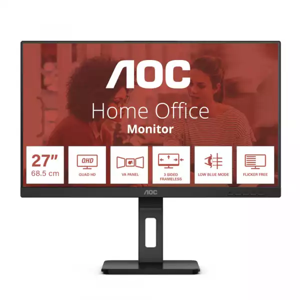 Монитор AOC Q27E3UMF, 27", WLED VA Panel, 2560x1440, 16:9, 4ms, 300 cd/m2, 4000:1, 20M:1, Anti Glare, 3H, 3-sided frameless, Flicker-free, Low blue light, AdaptiveSync, HDMI, DisplayPort, 2x USB 3.2, Speakers, HAS, Swivel, Tilt, Pivot, VESA 100, Black