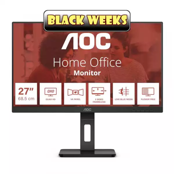 Монитор AOC Q27E3UMF, 27", WLED VA Panel, 2560x1440, 16:9, 4ms, 300 cd/m2, 4000:1, 20M:1, Anti Glare, 3H, 3-sided frameless, Flicker-free, Low blue light, AdaptiveSync, HDMI, DisplayPort, 2x USB 3.2, Speakers, HAS, Swivel, Tilt, Pivot, VESA 100, Black