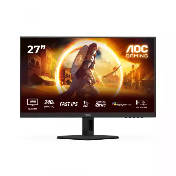 Монитор AOC Q27G4ZR, 27" Gaming monitor, Fast IPS panel, AG, QHD 2560x1440, 16:9, 240Hz, 0.3ms, 400 cd/m2, 1000:1, HDR 400, Flicker Free, Anti Blue Light, Adaptive Sync, 2x HDMI, DP, Audio out, Speakers, HAS, Swivel, Tilt, Pivot, VESA 100, Black