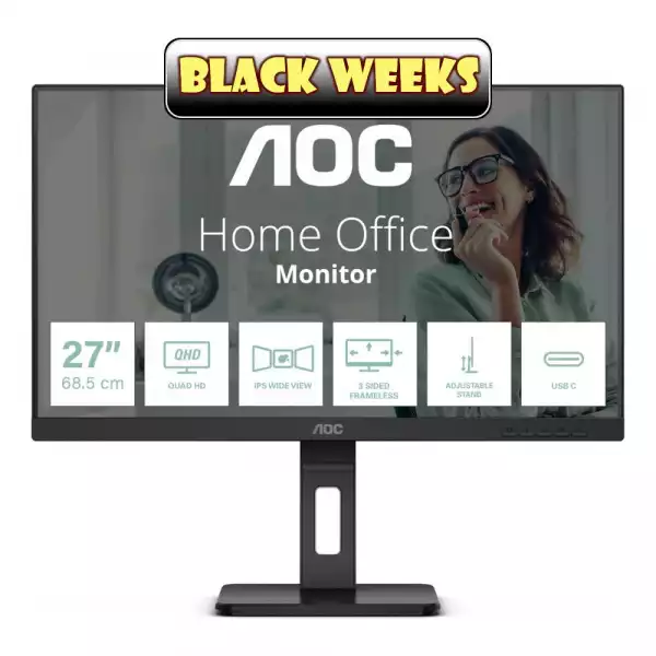 Монитор AOC Q27P3CV, 27" IPS WLED Panel, AntiGlare, 3H, 16:9, 2560x1440, 75Hz, 350cd/m2, 1000:1, 50M:1, 3-sided frameless, 2x HDMI, DisplayPort, DP Out, USB-C, 4x USB 3.2, LAN, Speakers, Flicker-free, Low blue light, Adaptive Sync, Tilt, Swivel, Pivot, HAS, VESA 100, Black
