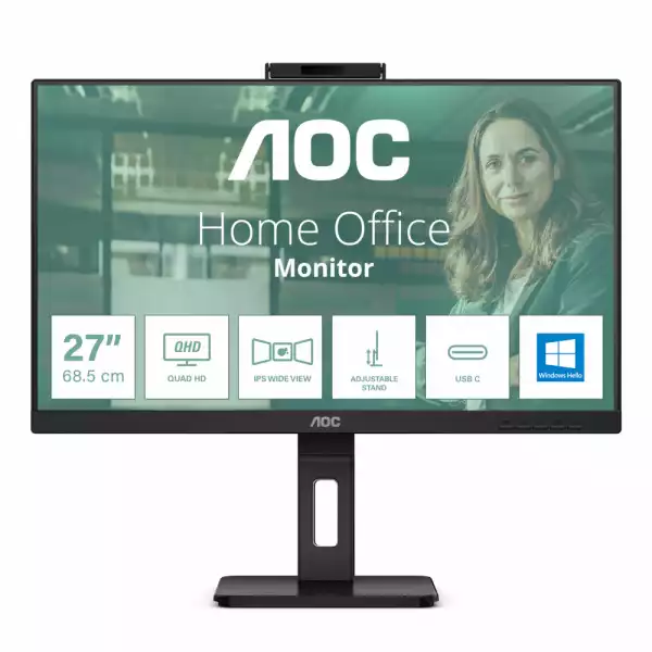 Монитор AOC Q27P3CW, 27" IPS WLED Panel, AntiGlare, 3H, 16:9, 2560x1440, 75Hz, 350cd/m2, 1000:1, 20M:1, 3-sided frameless, 2x HDMI, DisplayPort, DP Out, USB-C, 4x USB 3.2, LAN, HBR3, Speakers, Microphone, 5MP Windows Hello, Flicker-free, Low blue light, HAS, Tilt, Swivel, Pivot, VESA 100 Монитор AOC Q27P3CW, 27" IPS WLED Panel, AntiGlare, 3H, 16:9, 2560x1440, 75Hz, 350cd/m2, 1000:1, 20M:1, 3-sided frameless, 2x HDMI, DisplayPort, DP Out, USB-C, 4x USB 3.2, LAN, HBR3, Speakers, Microphone, 5MP Windows Hello, Flicker-free, Low blue light, HAS, Tilt, Swivel, Pivot, VESA 100