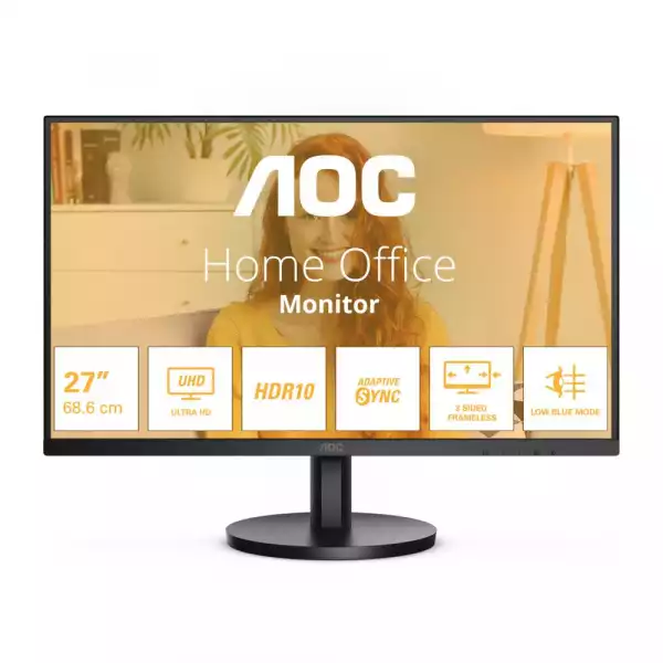 Монитор AOC U27B3M, 27", VA WLED panel, Anti-Glare, UHD 3840x2160, 16:9, 60Hz, 4ms, 300 cd/m2, 3500:1, 20M:1, HDR10, Flicker Free, Low Blue Light, Adaptive Sync, 2x HDMI, DisplayPort, Audio Out, Speakers, Tilt, VESA 100, Black