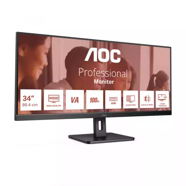 Монитор AOC U34E2M, 34 inch VA panel, AG, WQHD 3440x1440, 21:9, 100Hz, 4ms, 300 cd/m2, 4000:1, 20M:1, HDR 10, PbP, PiP, 2x HDMI, DP, Audio out, Swivel, Tilt, VESA 100, Black