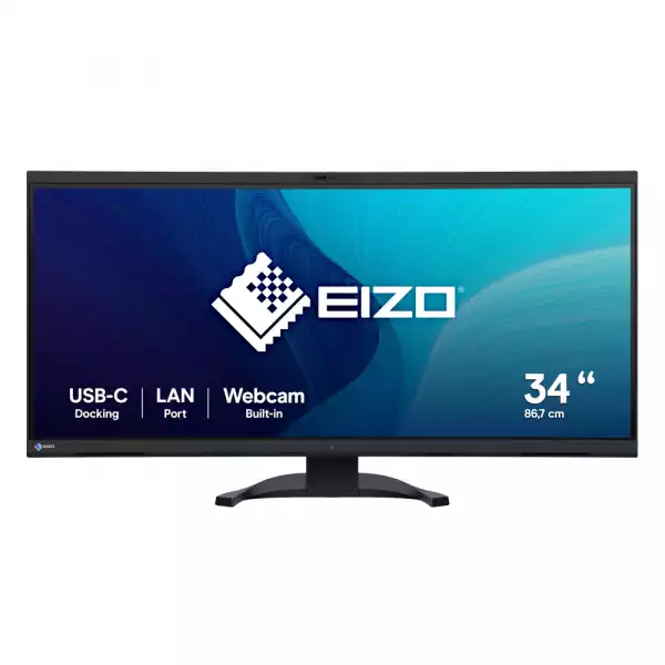 Монитор EIZO EV3450XC-BK, 34.1", Curved, IPS panel, WQHD 3440 x 1440, 21:9, AG, 300 cd/m2, 1000:1, 2x HDMI, DP, USB-C, LAN, 2x USB, Audio out, Speakers, KVM switch, 5MP webcam, Microphone, Auto EcoView, PbP, Flicker Free, HAS, Swivel, Tilt, VESA 100, Black