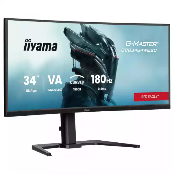 Монитор IIYAMA GCB3484WQSU-B1, 34", Gaming Curved monitor, VA panel, 21:9, UWQHD 3440x1440, 500cd/m2, 4000:1, 0.4ms, 180Hz, FreeSync Premium, HDR400, Flicker free, Blue light reducer, PbP, 2x HDMI, DP, 4x USB, Audio out, Speakers, HAS, Tilt, VESA 100, Black