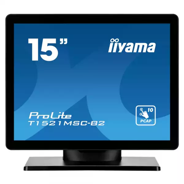 Монитор IIYAMA T1521MSC-B2, 15", TN panel, 4:3, 10-points PCAP touch, 1024x768, 370cd/m2, 800:1, 8ms, Edge to edge glass, VGA, HDMI, Speakers, IP65 Front, OSD key lock, Tilt, VESA 75, External power adapter, Black