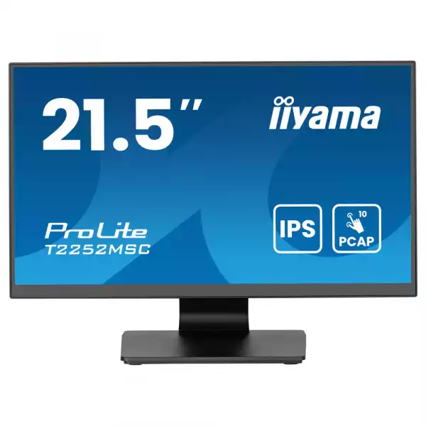 Монитор IIYAMA T2252MSC-B2AG, 21.5", IPS panel, AG, 16:9, FHD 1920x1080, 250cd/m2, 1000:1, 5ms, 7H, 10-pts PCAP touch, Palm rejection, OSD key lock, Anti- fingerprint, HDMI, DP, 2x USB, Audio out, Speakers, Tilt, VESA 100, Black