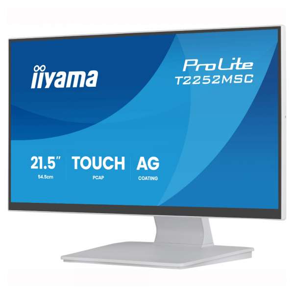 Монитор IIYAMA T2252MSC-W2AG, 21.5 inch, IPS panel, AG, 16:9, FHD 1920x1080, 250cd/m2, 1000:1, 5ms, 7H, 10-pts PCAP touch, Palm rejection, OSD key lock, Anti- fingerprint, HDMI, DP, 2x USB, Audio out, Speakers, Tilt, VESA, White