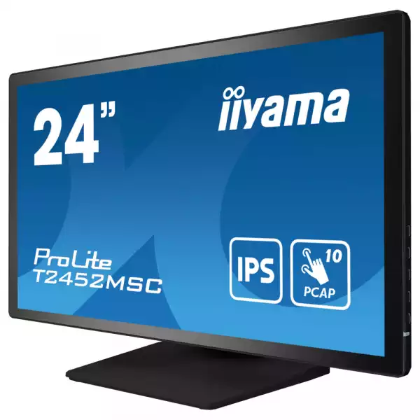 Монитор IIYAMA T2452MSC-B1, 23.8", IPS Panel, 16:9, 1920 x1080, 400cd/m2, 1000:1, 14ms, Projective capacitive touch, HDMI, DisplayPort, 2x USB, Audio Out, Speakers, OSD key lock, Flicker free, Tilt, VESA 100, Black