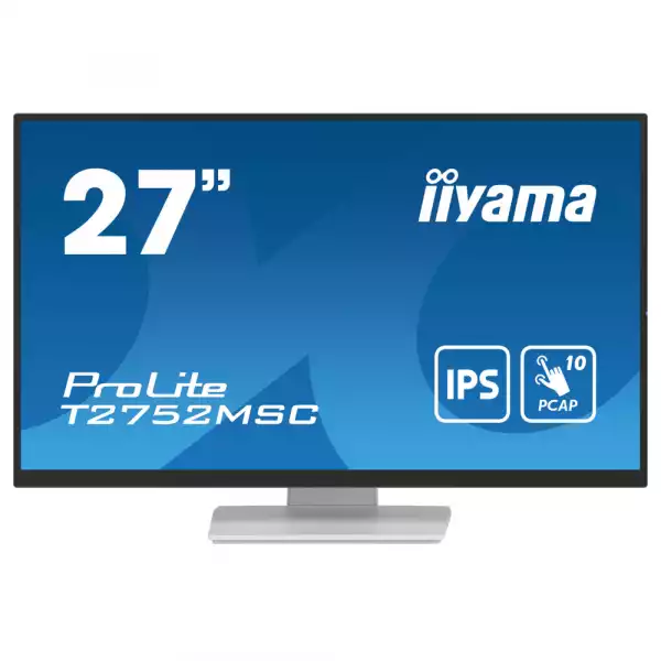 Монитор IIYAMA T2752MSC-W1, 27", IPS panel, Anti-Fingerprint, 7H, 16:9, 10-points PCAP touch, FHD 1920x1080, 400cd/m2, 1000:1, 5ms, 60Hz, OSD key lock, Flicker free, Blue light reducer, HDMI, DP, 2x USB, Mini jack, Speakers, Tilt, VESA 100, White