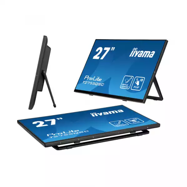 Монитор IIYAMA T2755QSC-B1, 27", IPS panel, Edge to edge glass, Optical bonded PCAP touch, Anti-Fingerprint, 16:9, QHD 2560 x 1440, 400cd/m2, 1000:1, 5ms, 75Hz, Palm rejection, MPP2.0, HDMI, DP, 2x USB, Speakers, Tilt, VESA 100, Black