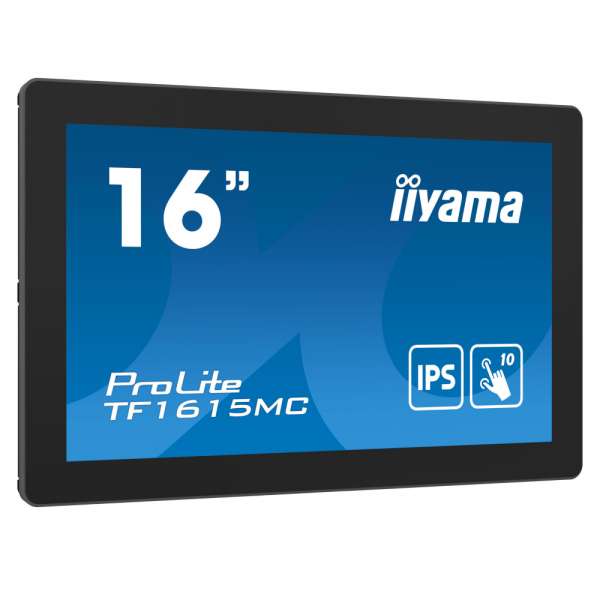 Монитор IIYAMA TF1615MC-B1, 15.6", Open Frame, IPS Panel, 16:9, 1920x1080, 450 cd/m2, 1000:1, 25ms BTB, 10-points Projective Capacitive Touch, Touch through- glass, Foam seal, IP65 (front), VGA, HDMI, DisplayPort, HDCP, DC 12V, OSD key lock, Landscape, Portrait, Face-up, VESA, Black