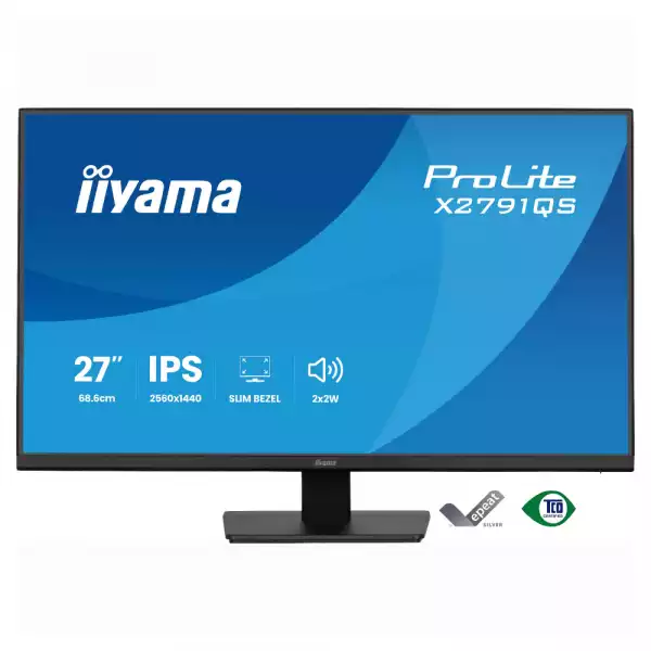 Монитор IIYAMA X2791QS-B1, 27 inch, IPS panel, AG, QHD 2560x1440, 350cd/m2, 1000:1, 75Hz, 1ms, Blue light reducer, Flicker free, HDMI, DP, Audio out, Speakers, Tilt, VESA 100, Black