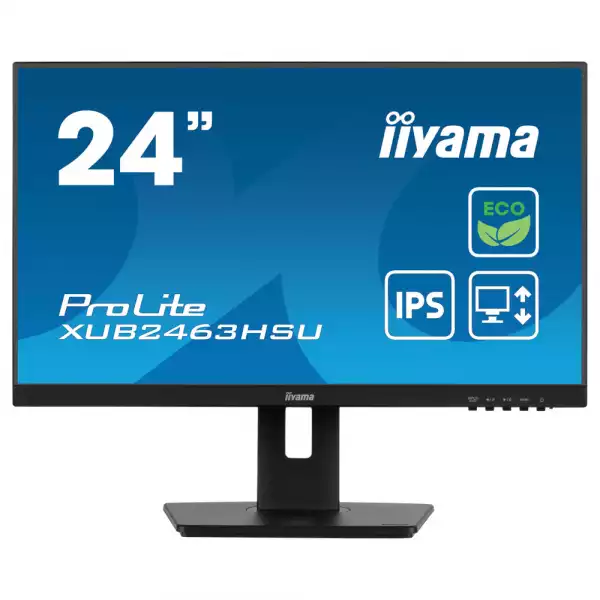 Монитор IIYAMA XUB2463HSU-B1, 23.8" IPS LED panel, AG, 16:9, FHD 1920x1080, 3ms, 100Hz, 250cd/m2, 1300:1, 80M:1, HDMI, DP, 2x USB, Speakers, Blue light reducer, Flicker free, HAS, Swivel, Tilt, Pivot, EPEAT Silver, VESA 100, Black, Energy Class B