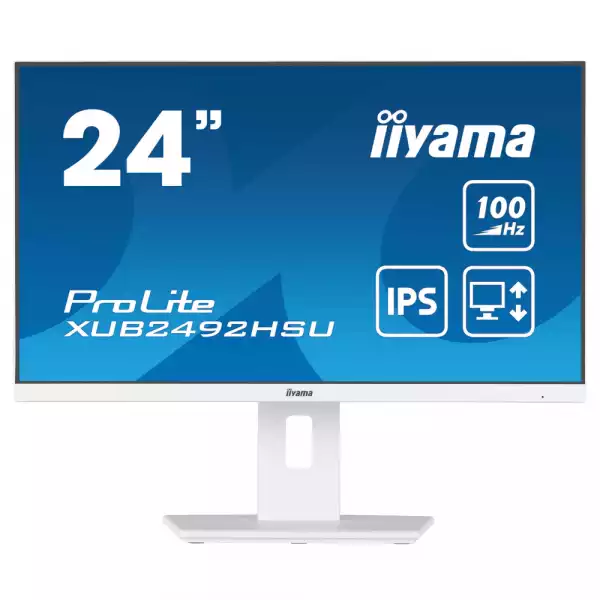 Монитор IIYAMA XUB2492HSU-W6, 23.8", IPS LED panel, 3-side borderless, AntiGlare, 16:9, FHD 1920x1080, 250 cd/m2, 1300:1, 100Hz, 0.4ms, Blue light reducer, Flicker free, FreeSync support, i-Style colour, HDMI, DisplayPort, 4x USB, Audio out, Speakers, HAS, Swivel, Tilt, Pivot, VESA 100, Бял