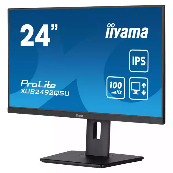 Монитор IIYAMA XUB2492QSU-B1, 23.8", IPS LED panel, Anti-Glare, 16:9, 2K QHD 2560x1440, 300cd/m2, 1000:1, 0.5ms, 80M:1, Flicker free, Blue light reducer, FreeSync, HDMI, DP, USB-C, 2x USB, Speakers, HAS, Swivel, Tilt, Pivot, VESA 100, Black