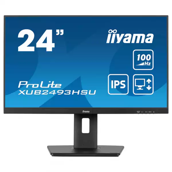 Монитор IIYAMA XUB2493HSU-B6, 23.8" IPS LED panel, AntiGlare, 16:9, FHD 1920x1080, 250cd/m2, 1000:1, 80M:1, 100Hz, 1ms, FreeSync support, Flicker free, i-Style colour, HDMI, DisplayPort, 2x USB, Audio out, Speakers, HAS, Swivel, Tilt, Pivot, VESA 100, Black