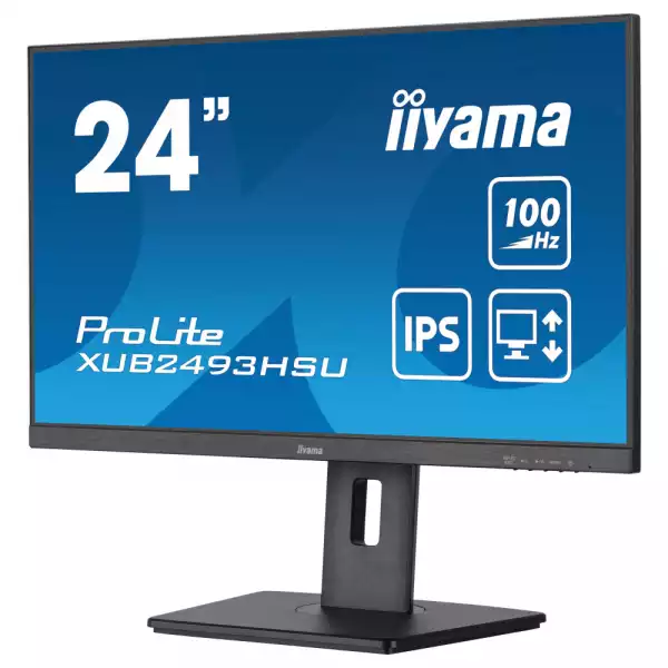 Монитор IIYAMA XUB2493HSU-B7, 23.8" IPS LED panel, AG, 16:9, FHD 1920x1080, 300cd/m2, 1300:1, 100Hz, 1ms, Adaptive Sync, Flicker Free, i-style Colour, HDMI, DP, 2x USB, Audio out, HAS, Swivel, Pivot, Tilt, VESA 100, Black