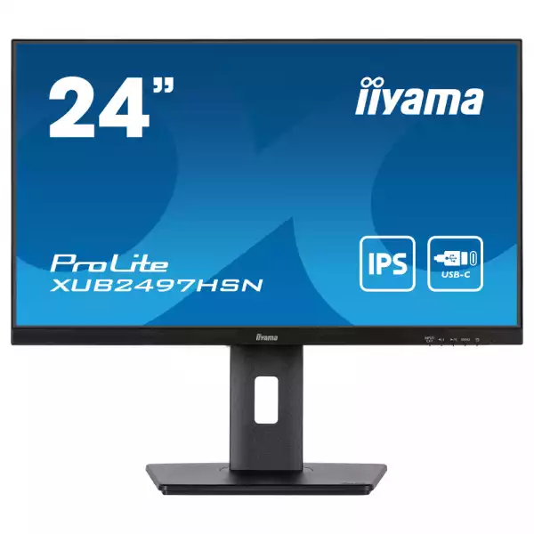 Монитор IIYAMA XUB2497HSN-B1, 23.8", IPS LED panel, 16:9, FHD 1920x1080, 1ms, 250cd/m2, 1300:1, 100Hz, Flicker free, Adaptive Sync, HDMI, DP, 4x USB, USB-C, LAN, Docking, Speakers, HAS, Swivel, Tilt, Pivot, VESA 100, Black