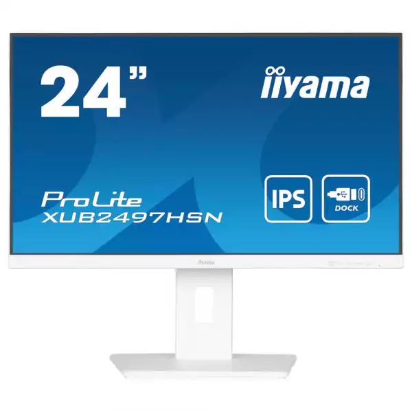 Монитор IIYAMA XUB2497HSN-W2, 23.8", IPS LED panel, 16:9, FHD 1920x1080, 1ms, 300cd/m2, 1300:1, 100Hz, Flicker free, Adaptive Sync, HDMI, DP, 4x USB, USB-C, LAN, DP Out, Docking, Speakers, HAS, Swivel, Tilt, Pivot, VESA 100, White