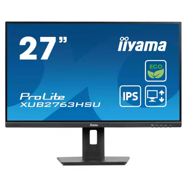 Монитор IIYAMA XUB2763HSU-B1, 27" IPS LED panel, AG, 16:9, FHD 1920x1080, 3ms, 100Hz, 250cd/m2, 1300:1, 80M:1, HDMI, DP, 2x USB, Speakers, Blue light reducer, Flicker free, HAS, Swivel, Tilt, Pivot, EPEAT Silver, VESA 100, Black, Energy Class B