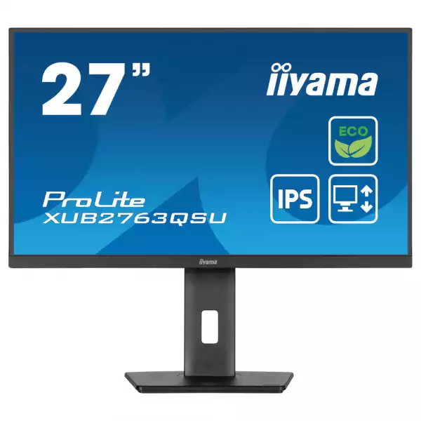 Монитор IIYAMA XUB2763QSU-B1, 27" IPS LED panel, AG, 16:9, QHD 2560x1440, 2ms, 100Hz, 350cd/m2, 1500:1, 80M:1, HDMI, DP, 2x USB, Speakers, Blue light reducer, Flicker free, Adaptive Sync, HAS, Swivel, Tilt, Pivot, EPEAT Silver, VESA 100, Black, Energy Class B