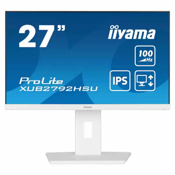 Монитор IIYAMA XUB2792HSU-W6, 27 inch, IPS LED panel, 3-side borderless, Anti-Glare, 16:9, FHD 1920x1080, 250 cd/m2, 1300:1, 100Hz, 0.4ms, Blue light reducer, FreeSync support, Flicker free, i-Style colour, HDMI, DP, 4x USB, Speakers, HAS, Swivel, Tilt, Pivot, VESA 100, Бял Монитор IIYAMA XUB2792HSU-W6, 27 inch, IPS LED panel, 3-side borderless, Anti-Glare, 16:9, FHD 1920x1080, 250 cd/m2, 1300:1, 100Hz, 0.4ms, Blue light reducer, FreeSync support, Flicker free, i-Style colour, HDMI, DP, 4x USB, Speakers, HAS, Swivel, Tilt, Pivot, VESA 100, Бял