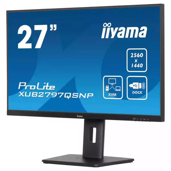 Монитор IIYAMA XUB2797QSNP-B1, 27" IPS panel, Anti-Glare, WQHD 2560x1440, 16:9, 300cd/m2, 1300:1, 80M:1, 1ms, 100Hz, Flicker free, Blue light reducer, Adaptive Sync, KVM, HDMI, DP, USB-C, 4x USB, DP Out, LAN, HAS, Swivel, Tilt, Pivot, VESA 100, Black Монитор IIYAMA XUB2797QSNP-B1, 27" IPS panel, Anti-Glare, WQHD 2560x1440, 16:9, 300cd/m2, 1300:1, 80M:1, 1ms, 100Hz, Flicker free, Blue light reducer, Adaptive Sync, KVM, HDMI, DP, USB-C, 4x USB, DP Out, LAN, HAS, Swivel, Tilt, Pivot, VESA 100, Black