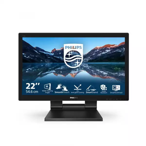 Монитор Philips 222B9TA/00, 21.5" VA LED panel, 10-points PCAP touch, 7H, 16:9, FHD 1920x1080, 250cd/m2, 3000:1, 60Hz, 2ms, IP65 front, VGA, DVI-D, DP, HDMI, Audio in, Audio out, Speakers, HAS, Tilt, Folding angle, VESA 100, Black