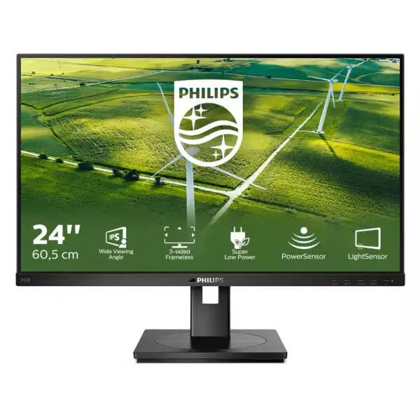 Монитор Philips 242B1G/00 23.8 inch LED, IPS panel, 16:9, 1920x1080, 4ms, 250cd/m2, 1000:1, DVI, VGA, HDMI, Displayport, USB, speakers, Height adjustment, Pivot, 85% рециклирани пластмаси, Energy Class B