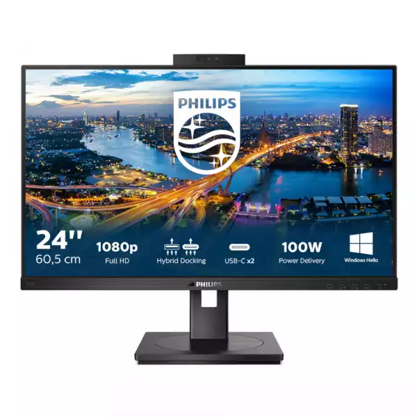 Монитор Philips 243B1JH/00 23.8 inch LED, IPS panel, 16:9, 1920x1080, 4ms, 250cd/m2, 1000:1, HDMI, Displayport, USB-C Docking, speakers, Height adjustment, Pivot, Windows Hello Webcam