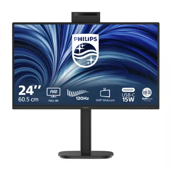 Монитор Philips 24B2N3200JH/00, 23.8 inch, IPS panel, AG, FHD 1920x1080, 350 cd/m2, 1500:1, 120Hz, 4ms, SoftBlue, EyeSafe, D-mode, 5MP Webcam, VGA, HDMI, DP, 3x USB 3.2, Audio out, Speakers, HAS, Swivel, Pivot, Tilt, Speakers, VESA 100, Energy class C, Black