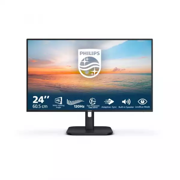 Монитор Philips 24E1N1200A/00, 23.8", IPS WLED panel, AG, FHD 1920 x1080, 16:9, 120Hz, 1ms, 300 cd/m2, 1500:1, 3H, sRGB, Flicker Free, Low Blue Mode, Adaptive Sync, VGA, HDMI, DisplayPort, Audio out, Speakers, Tilt, VESA 100, Black