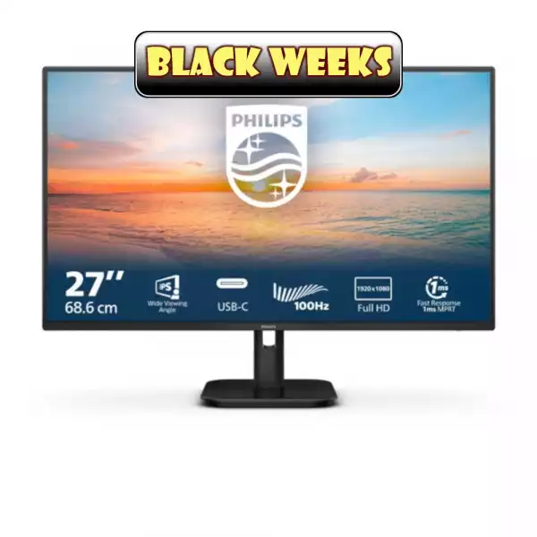 Монитор Philips 27E1N1300A/00, 27", IPS WLED panel, AG, FHD 1920 x1080, 16:9, 100Hz, 1ms, 250 cd/m2, 1300:1, sRGB, Flicker Free, Low Blue Mode, EasyRead, HDMI, USB-C, 2x USB, Audio Out, Speakers, Tilt, VESA 100, Black
