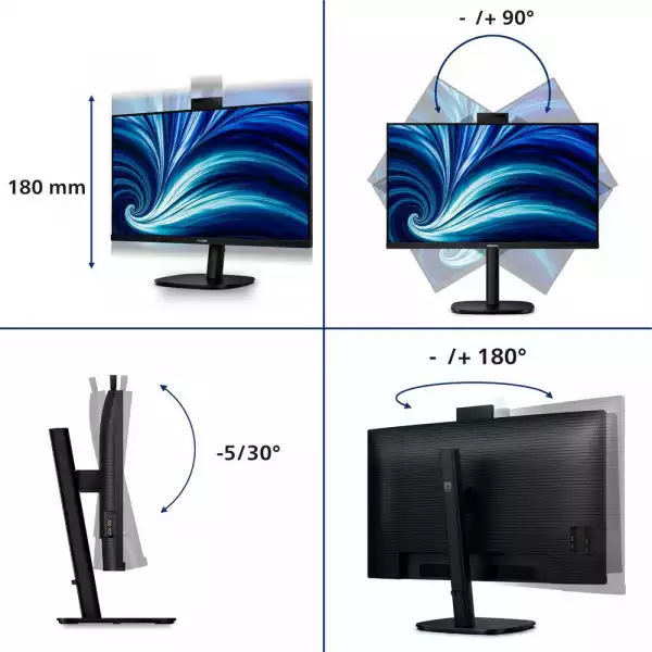 Монитор Philips 32B2U3601H/00, 31.5" IPS WLED panel, AG, 16:9, 2K QHD 2560x1440, 350cd/m2, 1000:1, 4ms, 100Hz, SoftBlue, SmartImage, Adaptive Sync, USB-C, HDMI, DisplayPort, 4x USB, LAN, HBR3, DP out, Speakers, HAS, Swivel, Tilt, Pivot, Windows Hello Web Cam, VESA 100, Black
